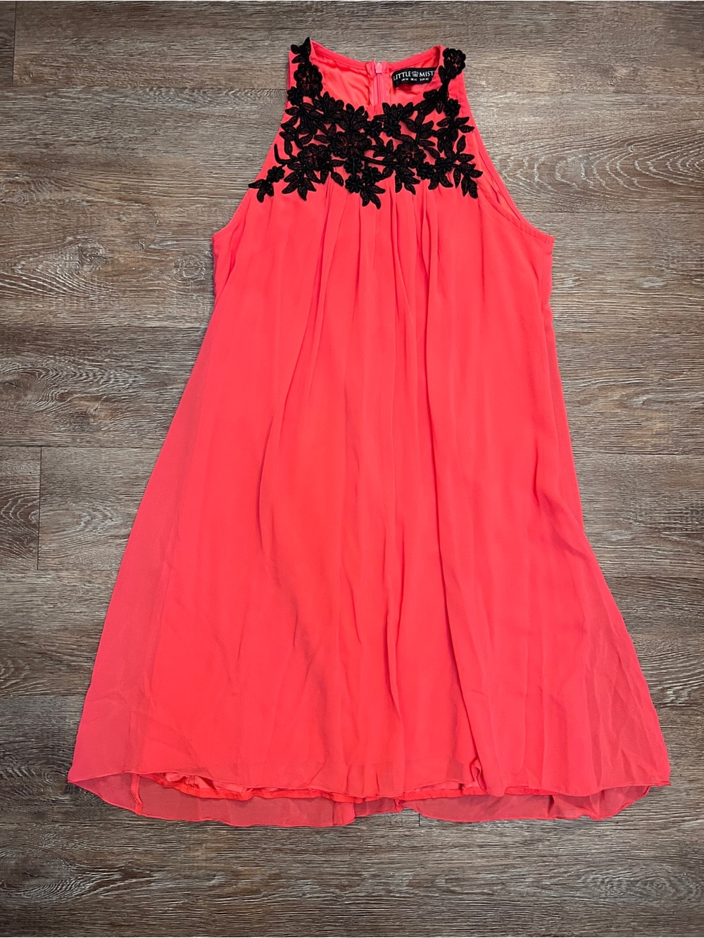 Little Mistress London Coral Pink Chiffon Mini Dress Black Lace Appliqué | 10